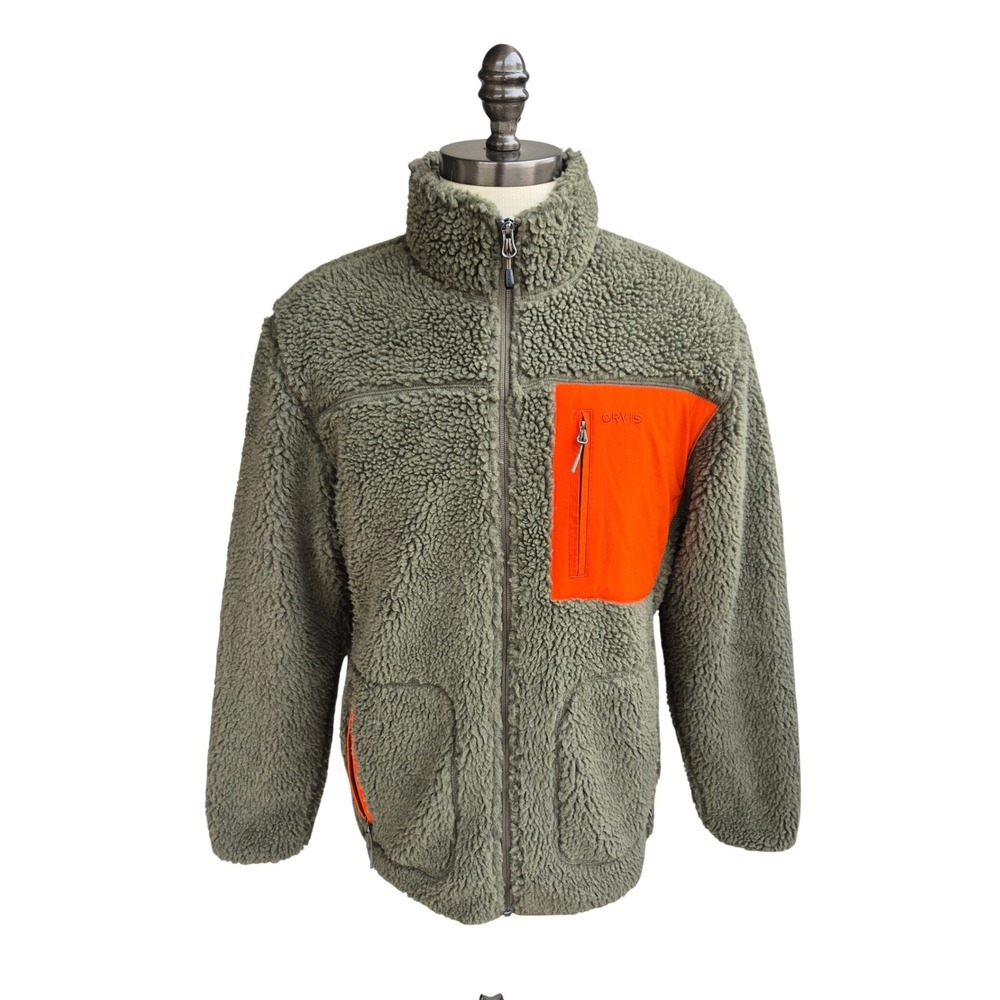 Orvis Mens Sherpa Fleece Full Zip Jacket Olive Green Orange Contrast Pocket Sz L